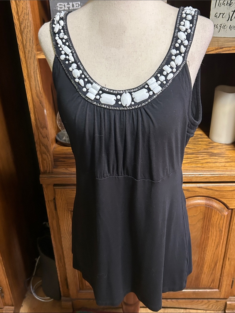 Style & Co. Black Tank Top with White Jewel Trim Medium